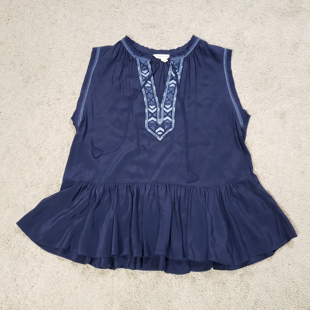 Rebecca Taylor Top 6 Navy Silk Peasant Embroidered Ruffle Hem Tank Boho Festival